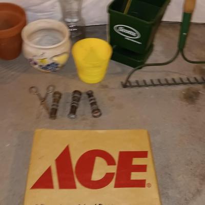 Hard rake - Scotts handheld spreader - flowerpots -small rake - hose attachments and more