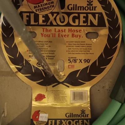 Brand new Gilmore Flexogen 5/8" x 90" hose with water spike fertilizer tool