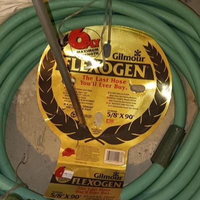 Brand new Gilmore Flexogen 5/8" x 90" hose with water spike fertilizer tool