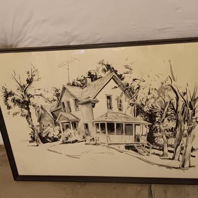 Original Framed sketch by Robert Hodgell 1965 Charles and Daisy Overman's house in Mankato Kansas