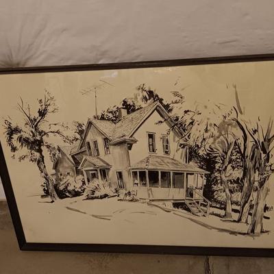 Original Framed sketch by Robert Hodgell 1965 Charles and Daisy Overman's house in Mankato Kansas