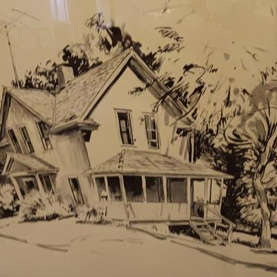 Original Framed sketch by Robert Hodgell 1965 Charles and Daisy Overman's house in Mankato Kansas