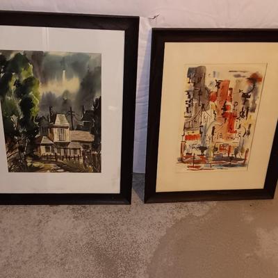 Two large framed original watercolor Artwork - Abstract artwork - and a house