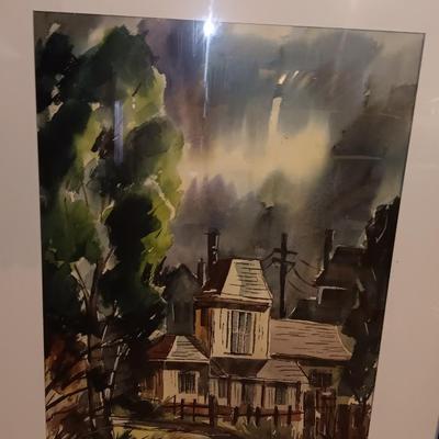 Two large framed original watercolor Artwork - Abstract artwork - and a house