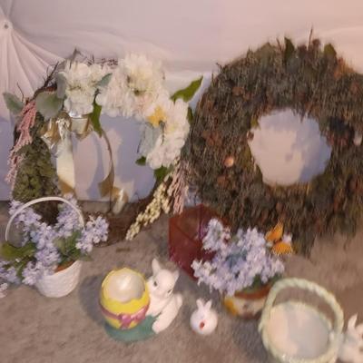 Easter decorations -Rabbit figures - wreaths - faux flowers and more