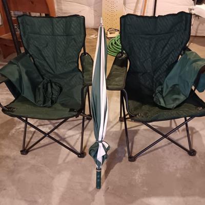Two portable folding camping chairs with a matching umbrella