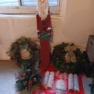 Christmas - tall wooden Welcome Santa - wreaths - hanging basket and more