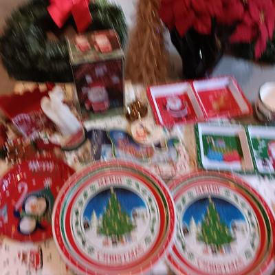 Christmas dishes - vintage walking musical Santa - Faux Poinsettia - gold tree and more Christmas