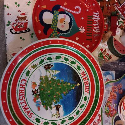Christmas dishes - vintage walking musical Santa - Faux Poinsettia - gold tree and more Christmas