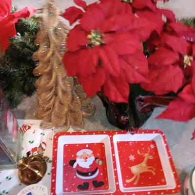 Christmas dishes - vintage walking musical Santa - Faux Poinsettia - gold tree and more Christmas