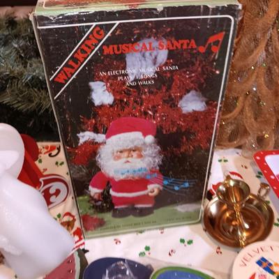 Christmas dishes - vintage walking musical Santa - Faux Poinsettia - gold tree and more Christmas