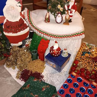 Large wooden Santa - Santa figures - Ornaments - beads - tree skirt and more Christmas