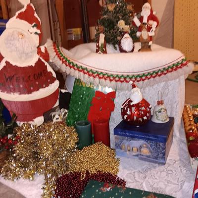 Large wooden Santa - Santa figures - Ornaments - beads - tree skirt and more Christmas