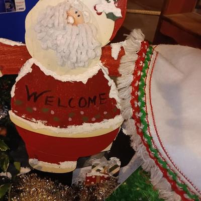 Large wooden Santa - Santa figures - Ornaments - beads - tree skirt and more Christmas