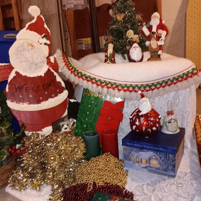 Large wooden Santa - Santa figures - Ornaments - beads - tree skirt and more Christmas