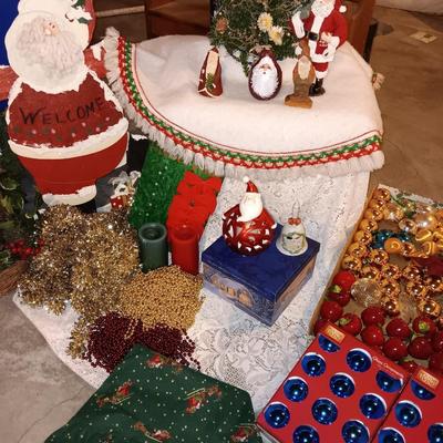Large wooden Santa - Santa figures - Ornaments - beads - tree skirt and more Christmas