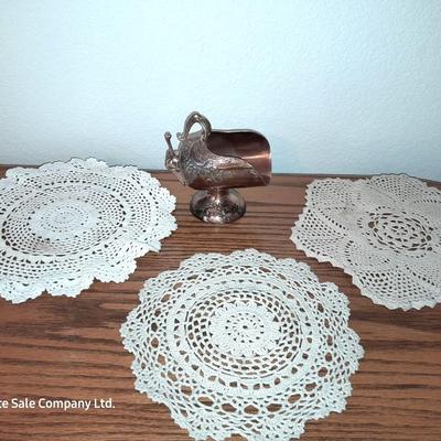 Silverplate sugar Scuttle with spoon and collection of doilies