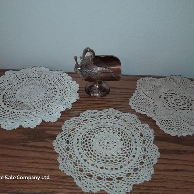 Silverplate sugar Scuttle with spoon and collection of doilies