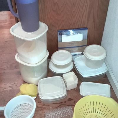 Plastic food storage with lids and plastic kitchen strainers- pitcher - butter dish