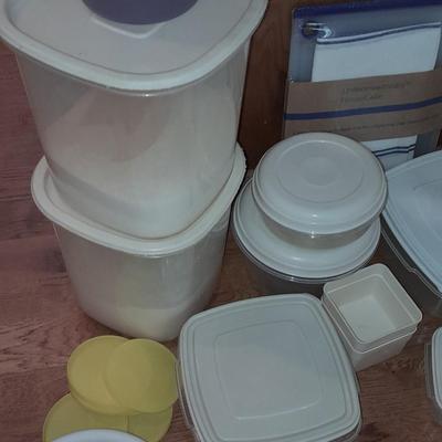 Plastic food storage with lids and plastic kitchen strainers- pitcher - butter dish