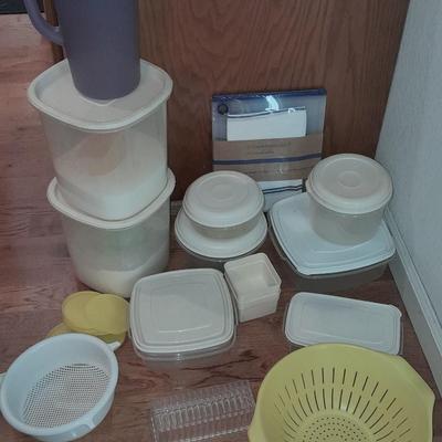 Plastic food storage with lids and plastic kitchen strainers- pitcher - butter dish