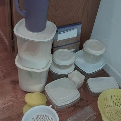 Plastic food storage with lids and plastic kitchen strainers- pitcher - butter dish