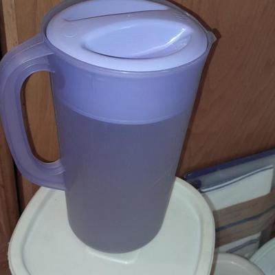 Plastic food storage with lids and plastic kitchen strainers- pitcher - butter dish