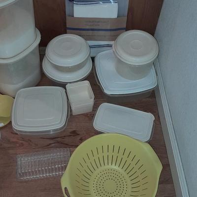 Plastic food storage with lids and plastic kitchen strainers- pitcher - butter dish