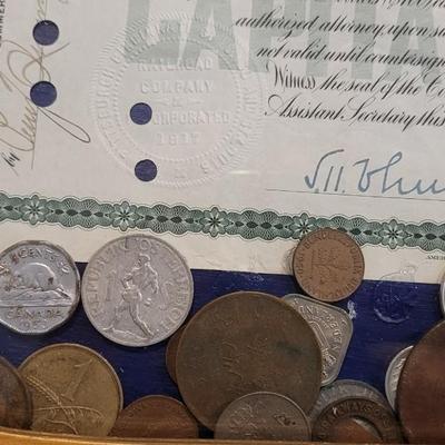Antique Bubble Frame filled with Antique & Vintage Coins, Paper Money, and a Stock Certificate