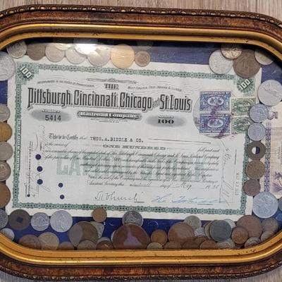 Antique Bubble Frame filled with Antique & Vintage Coins, Paper Money, and a Stock Certificate