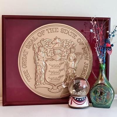 LOT 9U: Framed NJ State Seal Wall Plaque w/ Vintage Wheaton Glass Bottle & Snowglobe
