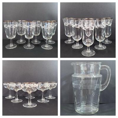 LOT 10S: Vintage French Silver Rim Glasses w/ Laurel Leaf Pattern & Vintage Water Pitcher