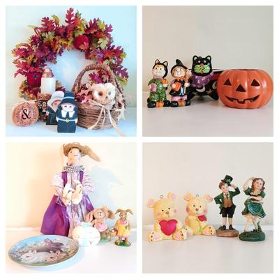 LOT 13U: Holiday Collection- Fairmont Porcelain Plate, Ceramic Figurines, Leaf and Pumpkin Wreath & More