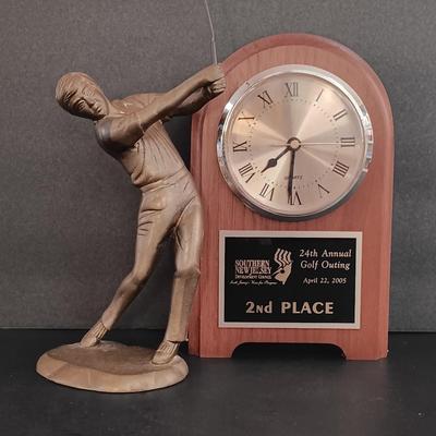 LOT 34S: Vintage Brass Golfer Figurine by Brass Baron w/ Personalized Clock from the Southern NJ Developmental Council
