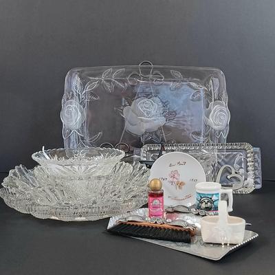 LOT 40S: Glass Rose Etched 'Beta Sigma Phi' Plate w/ Du Pont Veteranette Trinket Dish, Rodney Kent Crumb Tray & Brush and More
