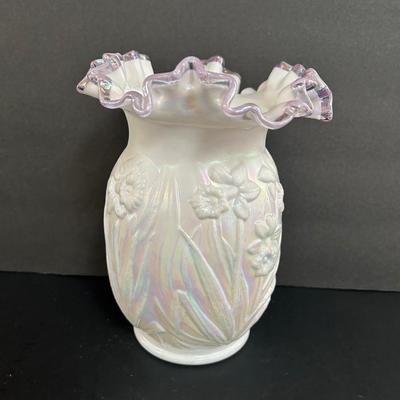 LOT 190S: Fenton Blue Glass Basket And Iridescent White Vase