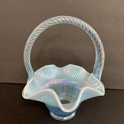 LOT 190S: Fenton Blue Glass Basket And Iridescent White Vase