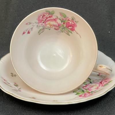 Lefton China Teacup & Saucer hand-painted pink roses on light pink background