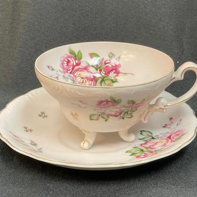 Lefton China Teacup & Saucer hand-painted pink roses on light pink background