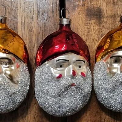 (3) Vtg Czechslovakia Mercury Glass Santa Heads Christmas Ornaments Hand Painted