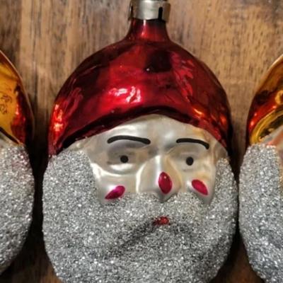 (3) Vtg Czechslovakia Mercury Glass Santa Heads Christmas Ornaments Hand Painted