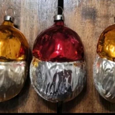 (3) Vtg Czechslovakia Mercury Glass Santa Heads Christmas Ornaments Hand Painted