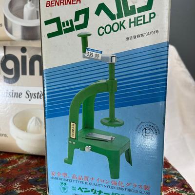 Japanese mandoline cutter, citrus juicers, bottles