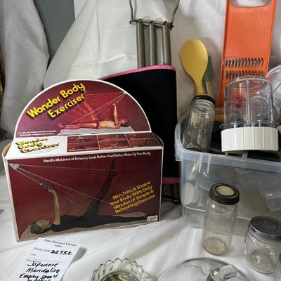 Japanese mandoline cutter, citrus juicers, bottles