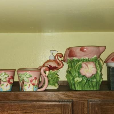 Flamingo cups, jar and soap dispenser