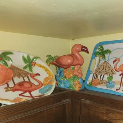 Flamingo platter, pitcher, and serving bowl