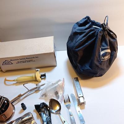 Model G/K MSR Stove with a nice set of Mirro camping / pack pans and silverware set