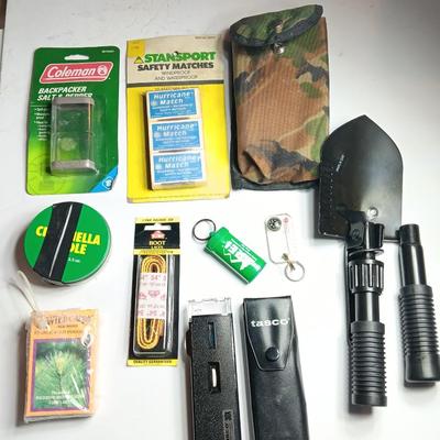 Survival gear - Fold away shovel - Safety matches - Tasco 30x illuminated microscope and more