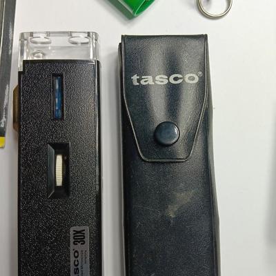 Survival gear - Fold away shovel - Safety matches - Tasco 30x illuminated microscope and more