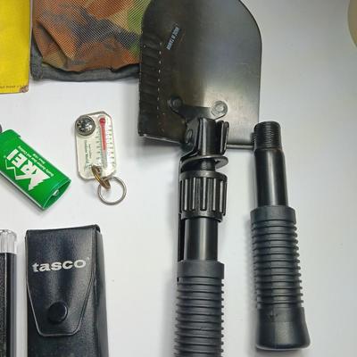Survival gear - Fold away shovel - Safety matches - Tasco 30x illuminated microscope and more